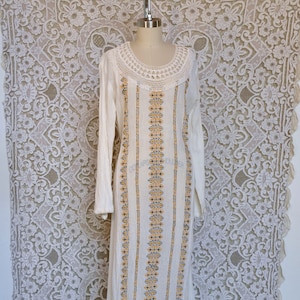 Embroidered Cream Gauze and Crochet Lace Maxi Dress