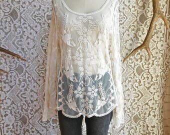 Upcycled Free People Cotton Aztec Print blouse With Ecru Lace Elbow Patches Size Small