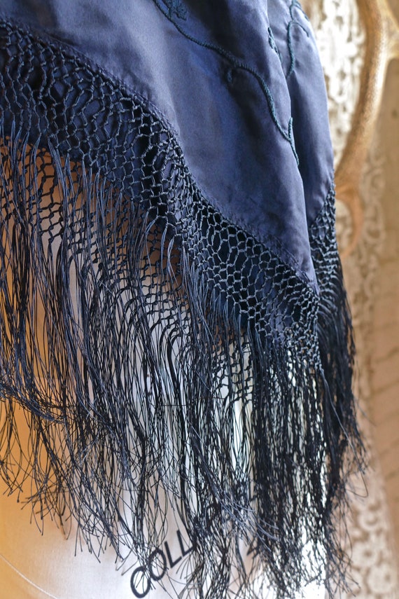 Black Embroidered Silk Fringe Shawl - image 7