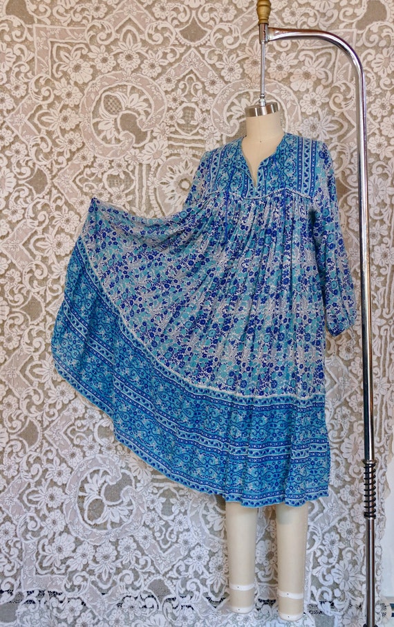 Blue and White Floral Indian Gauze Cotton Tent Dre