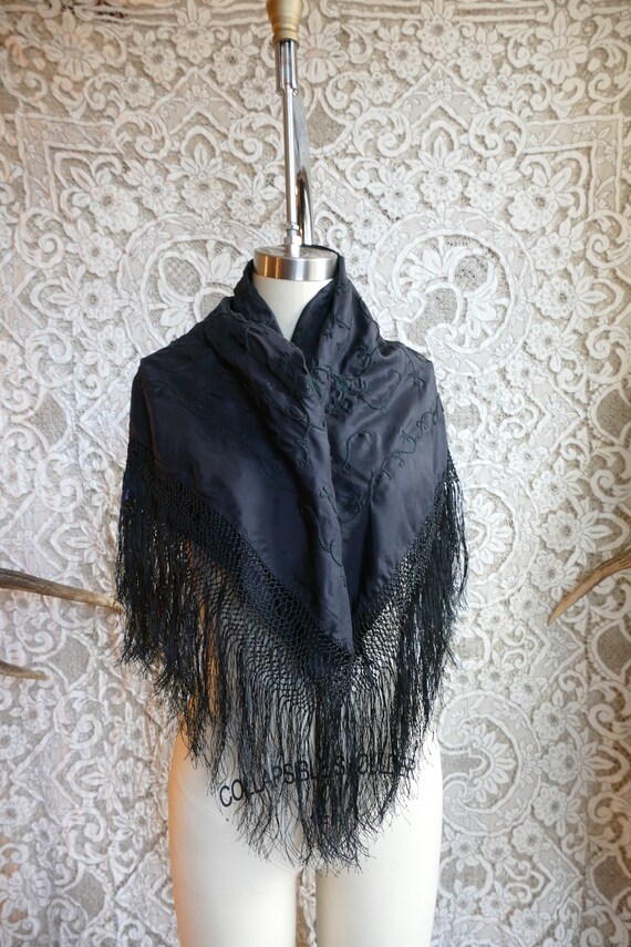 Black Embroidered Silk Fringe Shawl - image 6