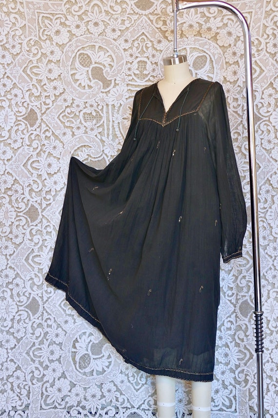 Black Indian Gauze Cotton Dress with Gold Embroide