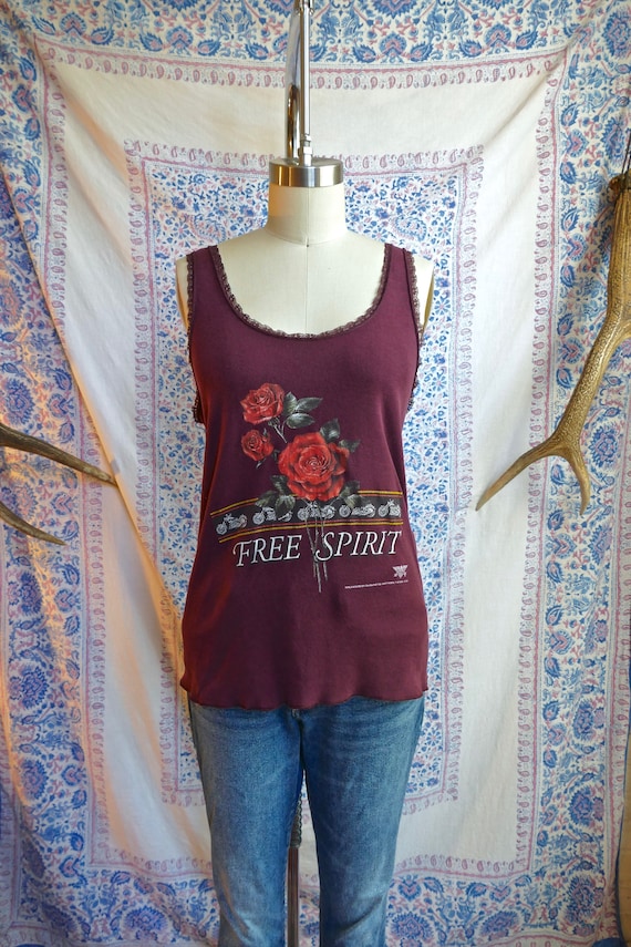 3D Emblem Burgundy Floral Lace Trim Biker Tank Top