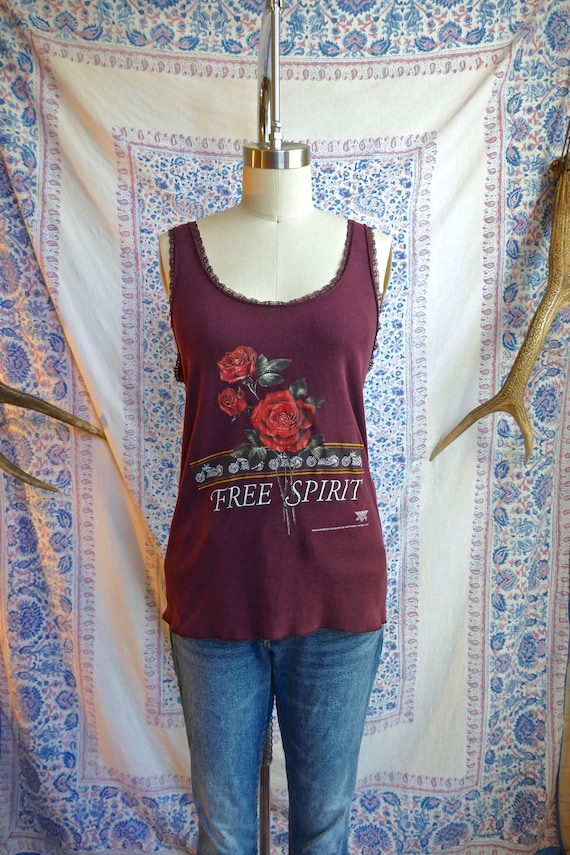 3D Emblem Burgundy Floral Lace Trim Biker Tank Top - image 1