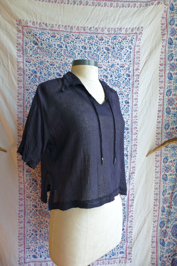 Cropped Blue Indian Gauze Cotton Blouse