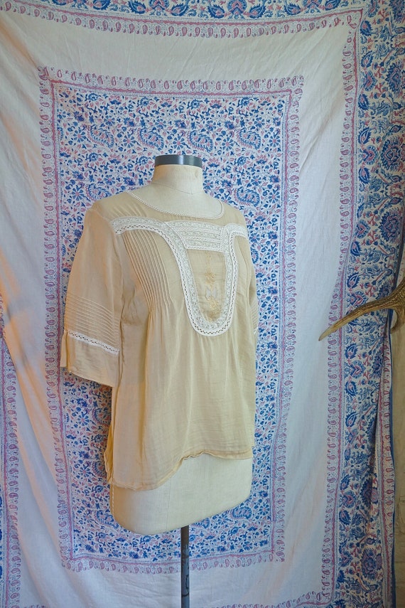 Sheer Cream Cotton and Lace Panel Blouse