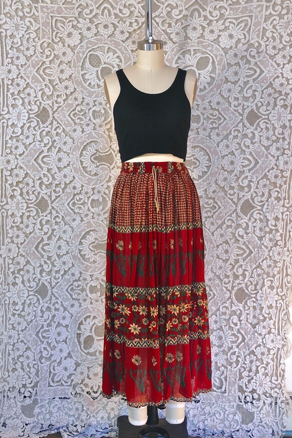 Red Floral Print Indian Gauze Cotton Skirt - image 2