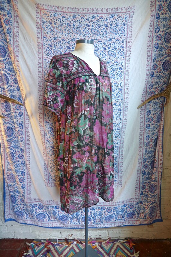 Indian Gauze Cotton and Lurex Floral Peasant Dres