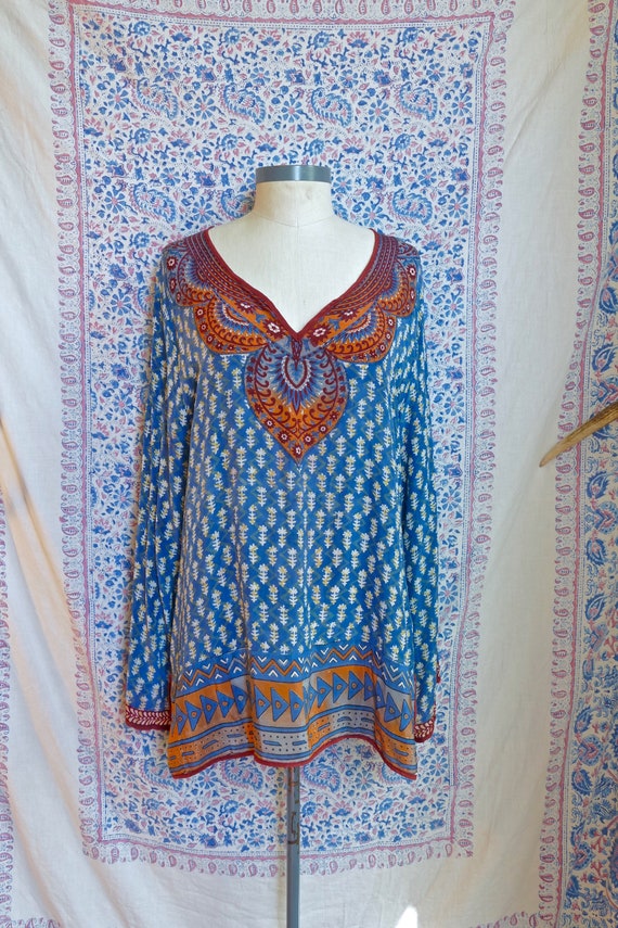 Blue Block Print Silk Blouse