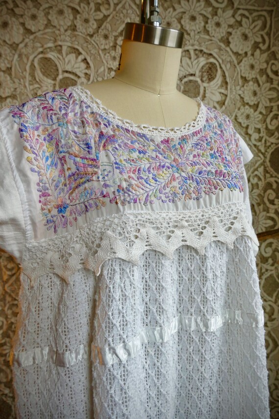 Embroidered White Mexican Gauze and Lace Dress - image 3