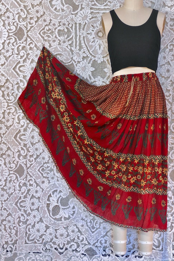 Red Floral Print Indian Gauze Cotton Skirt - image 6