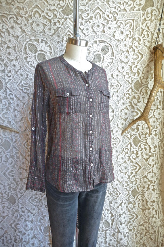 Floral Indian Metallic Gauze Cotton Button Blouse