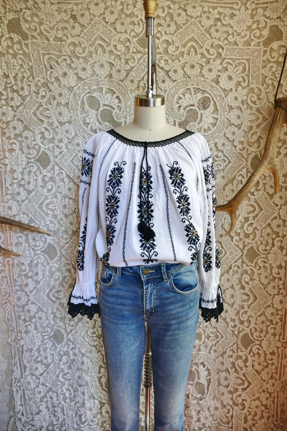 Black Embroidered White Gauze Cotton Peasant Blou… - image 7