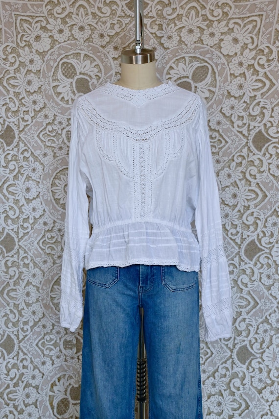 White Cotton and Crochet Lace  Peplum Waist Blouse