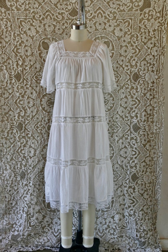 Vintage White Cotton and Crochet Lace Tiered Maxi… - image 3