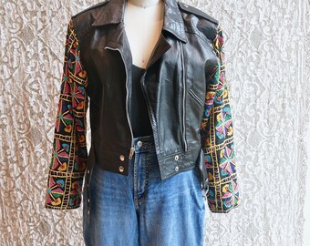 Contempo Cropped Leather Biker Jacket with Indian Cotton Mirror Embroidered Sleeves