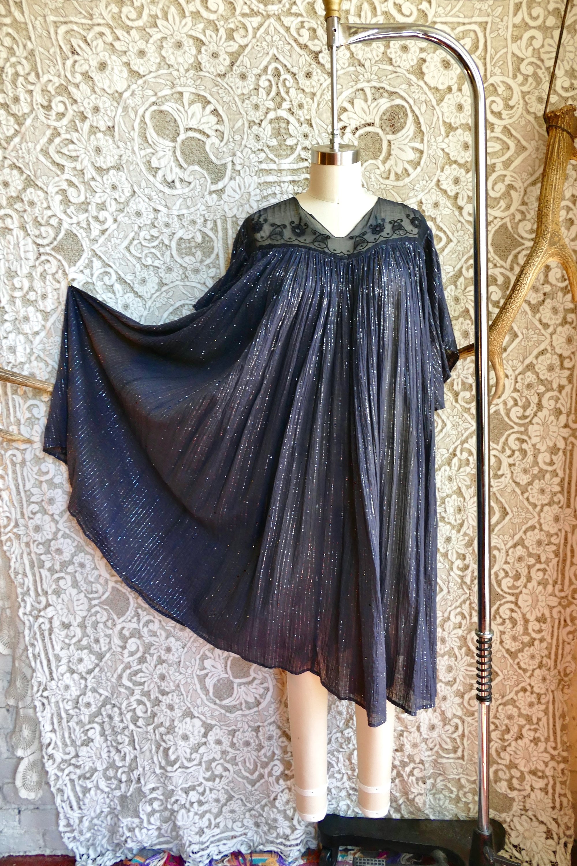 Over-dyed Sheer Indian Gauze Cotton and Silver Lurex Smock