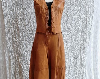 Soft Vintage Leather Vest and Pants Set with Floral Burnishing