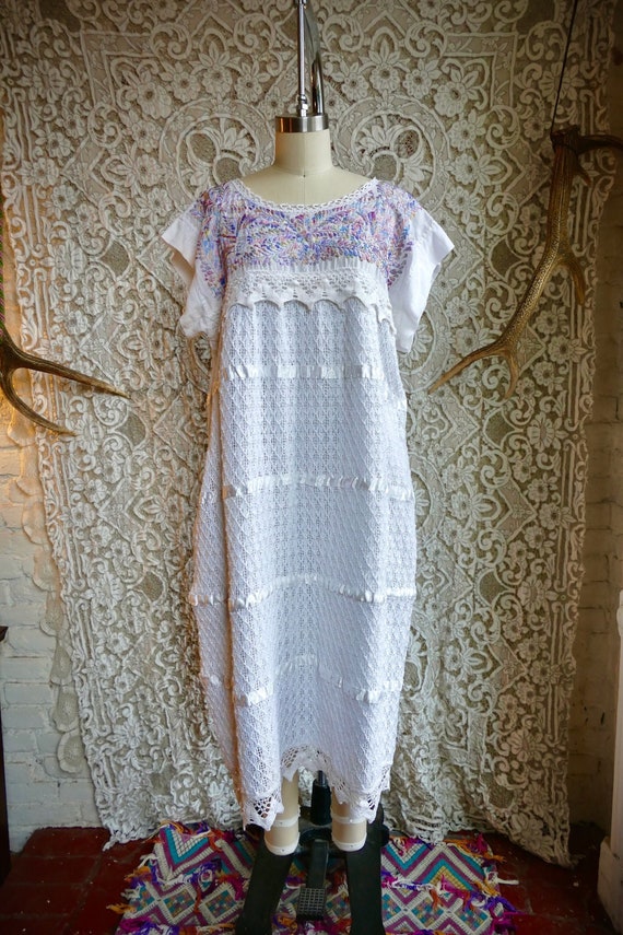 Embroidered White Mexican Gauze and Lace Dress - image 1