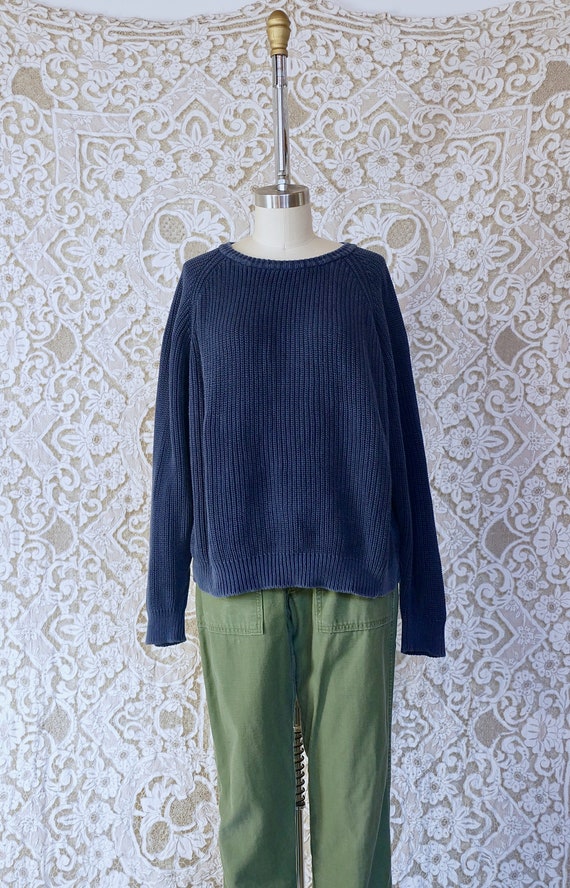 Cotton Slouchy Blue Rib Knit Sweater