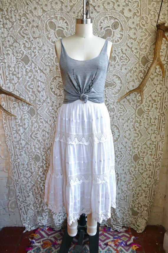 Ecru Cotton and Lace Paneled Folk Skirt