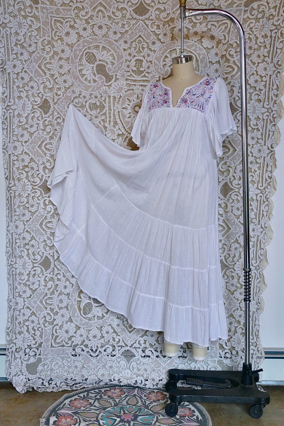 Embroidered White Mexican Gauze and Lace Dress