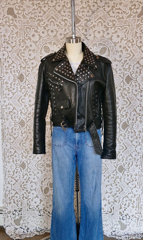 Black Studded Cropped Leather Biker Jacket