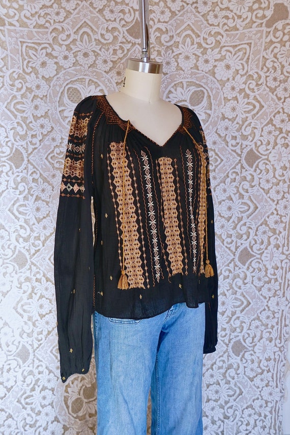 Embroidered Black Gauze Cotton Peasant Blouse