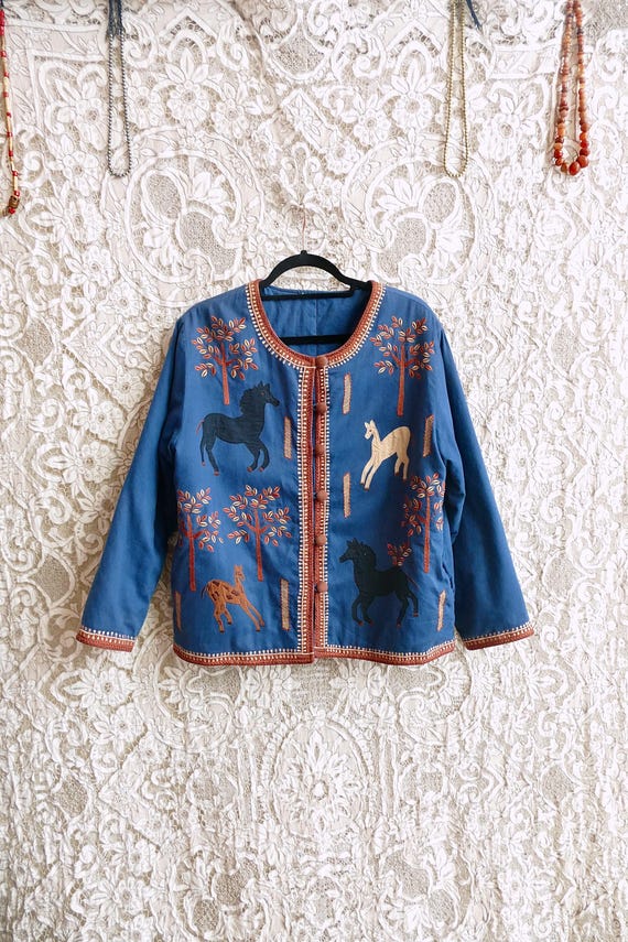 Blue Cotton Applique Horses Jacket - image 1