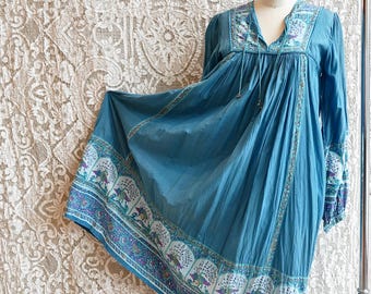 Green Peacock Print Indian Cotton Dress