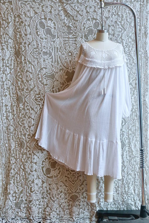 White Sheer Gauze Cotton Dress with Crochet Neckline