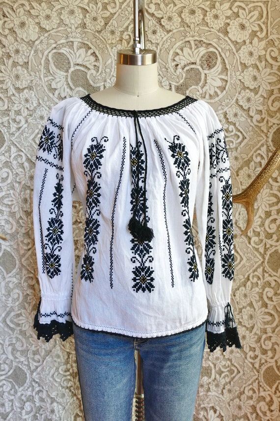Black Embroidered White Gauze Cotton Peasant Blou… - image 3