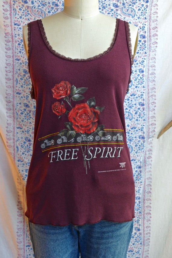 3D Emblem Burgundy Floral Lace Trim Biker Tank Top - image 2