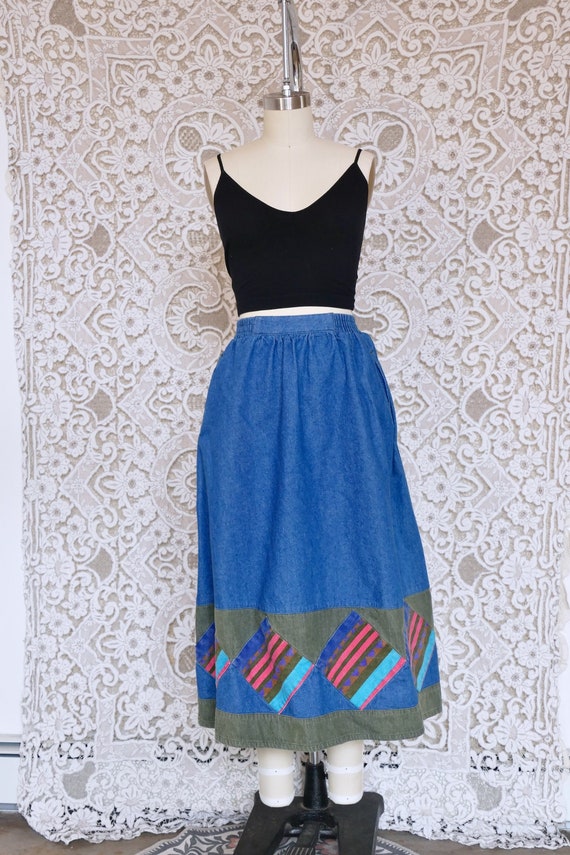 90's Denim Midi Skirt with Patchwork Accents