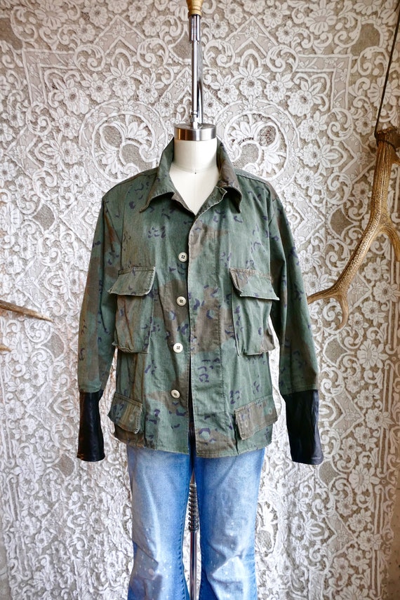 Leather Trim Army Green Twill Jacket