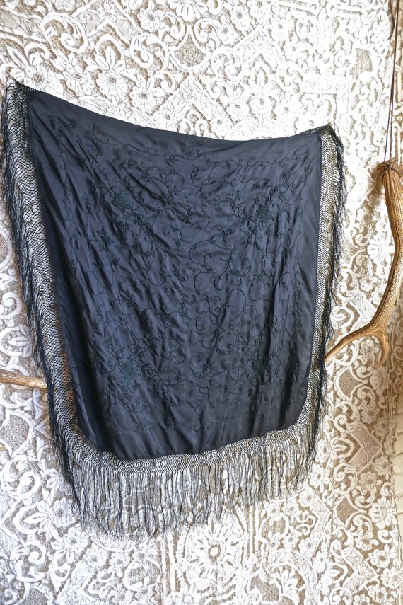 Black Embroidered Silk Fringe Shawl - image 3