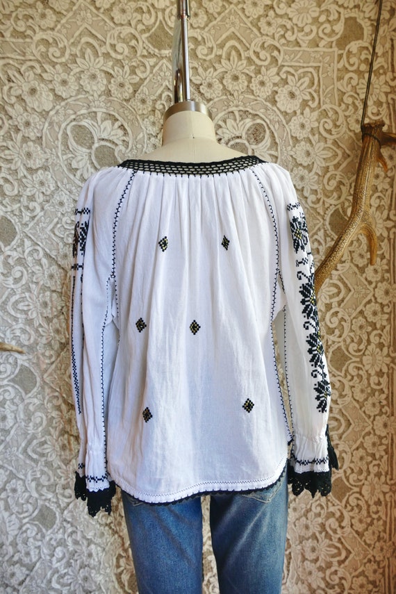 Black Embroidered White Gauze Cotton Peasant Blou… - image 6