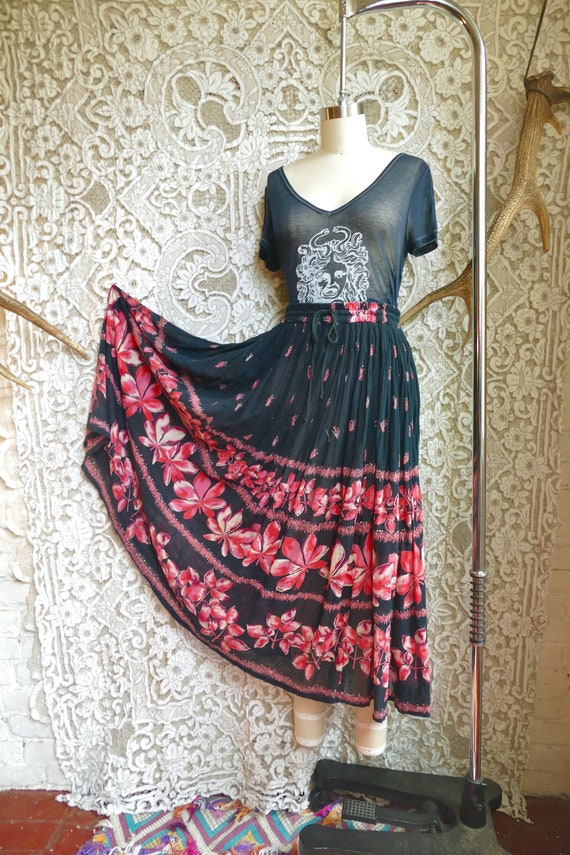 Black Indian Gauze Cotton Floral Skirt