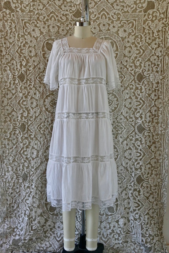 Vintage White Cotton and Crochet Lace Tiered Maxi… - image 2