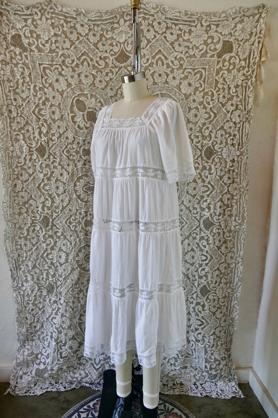 Vintage White Cotton and Crochet Lace Tiered Maxi… - image 5