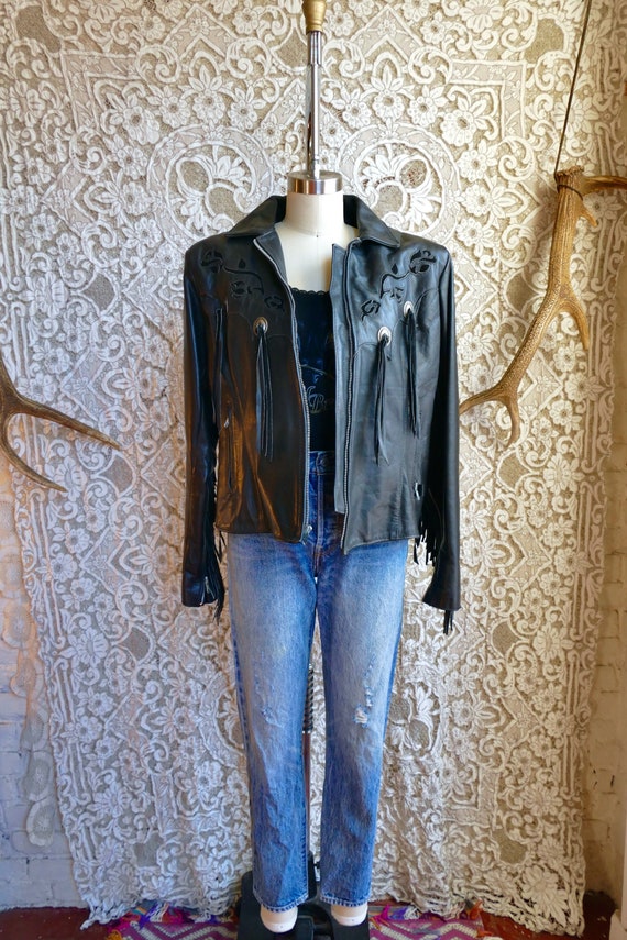 Floral Fringe Leather Biker Jacket with Braided Tr