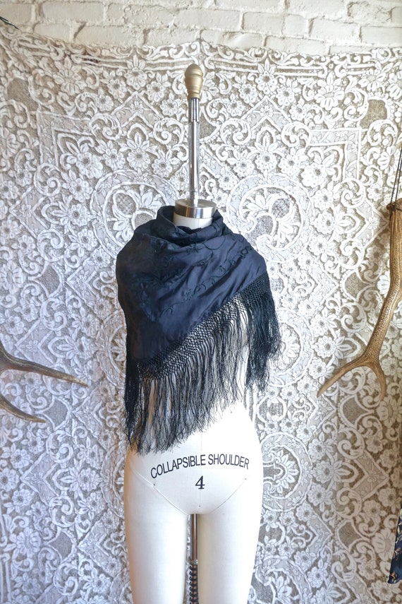 Black Embroidered Silk Fringe Shawl - image 5