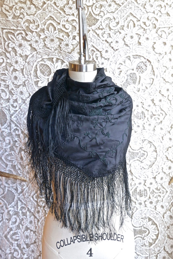 Black Embroidered Silk Fringe Shawl - image 2