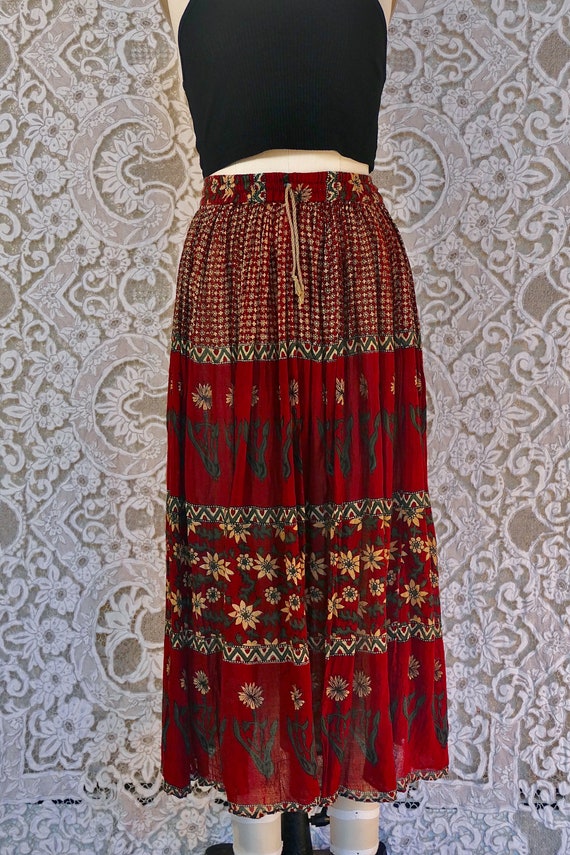 Red Floral Print Indian Gauze Cotton Skirt - image 3