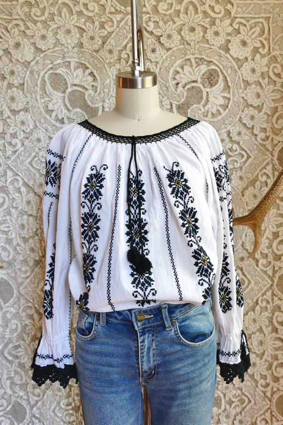 Black Embroidered White Gauze Cotton Peasant Blou… - image 8
