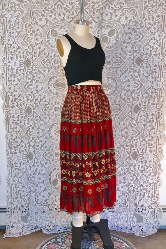 Red Floral Print Indian Gauze Cotton Skirt - image 4