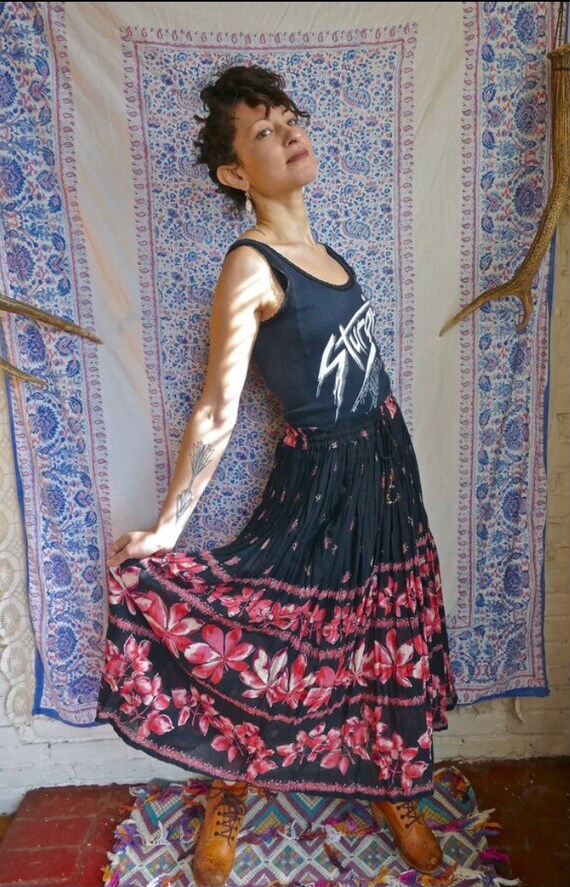 Black Indian Gauze Cotton Floral Skirt - image 4