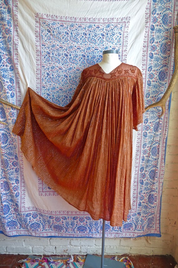 Orange Indian Gauze Cotton and Silver Lurex Peasan