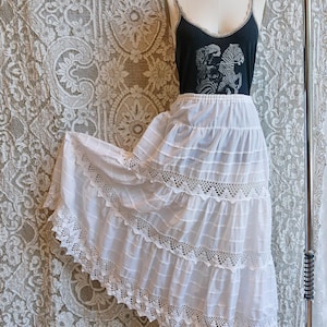Ecru Gauze and Lace Paneled Folk Skirt