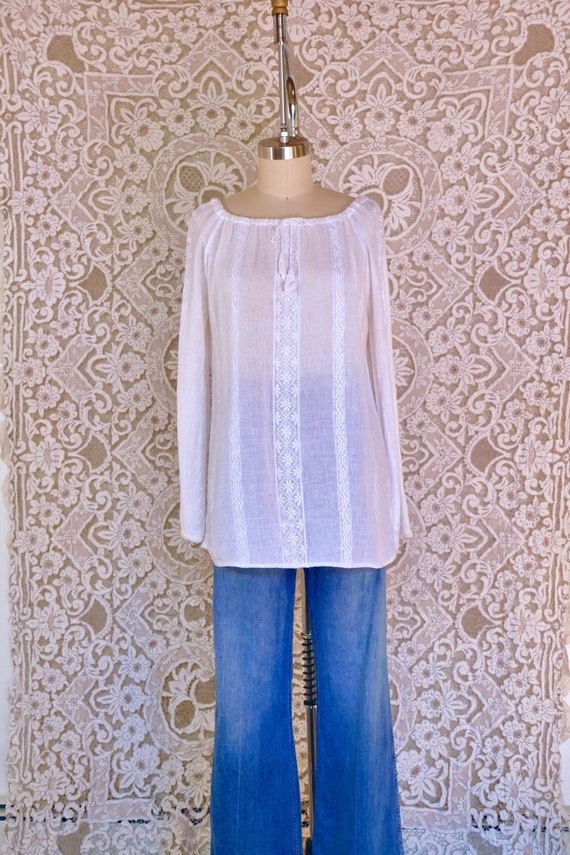 Embroidered Cream Gauze Cotton Peasant Blouse